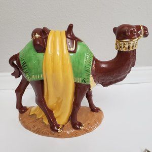Vintage Ceramic Camel Figurine Decorative Brown Green Gold Collectible Desert